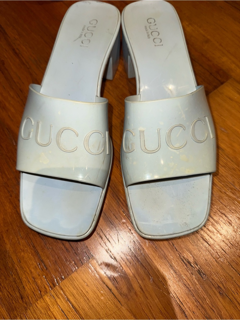 Gucci Light Blue Embossed Logo Slide Mules